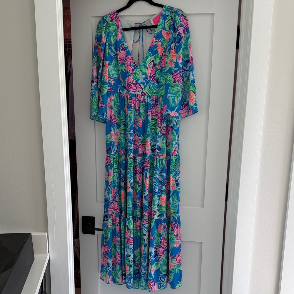 Lilly Pulitzer Blue and Pink Tropical V-Neck Maxi Dress